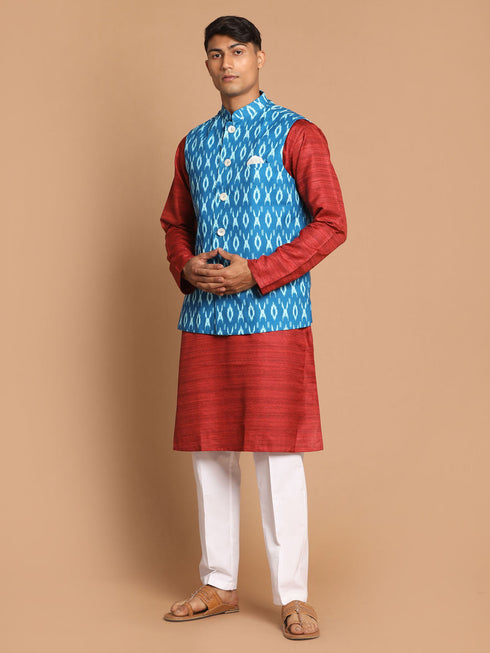 Vastramay Men's Turquoise Cotton Nehru Jacket With Maroon Kurta And Pant Set
